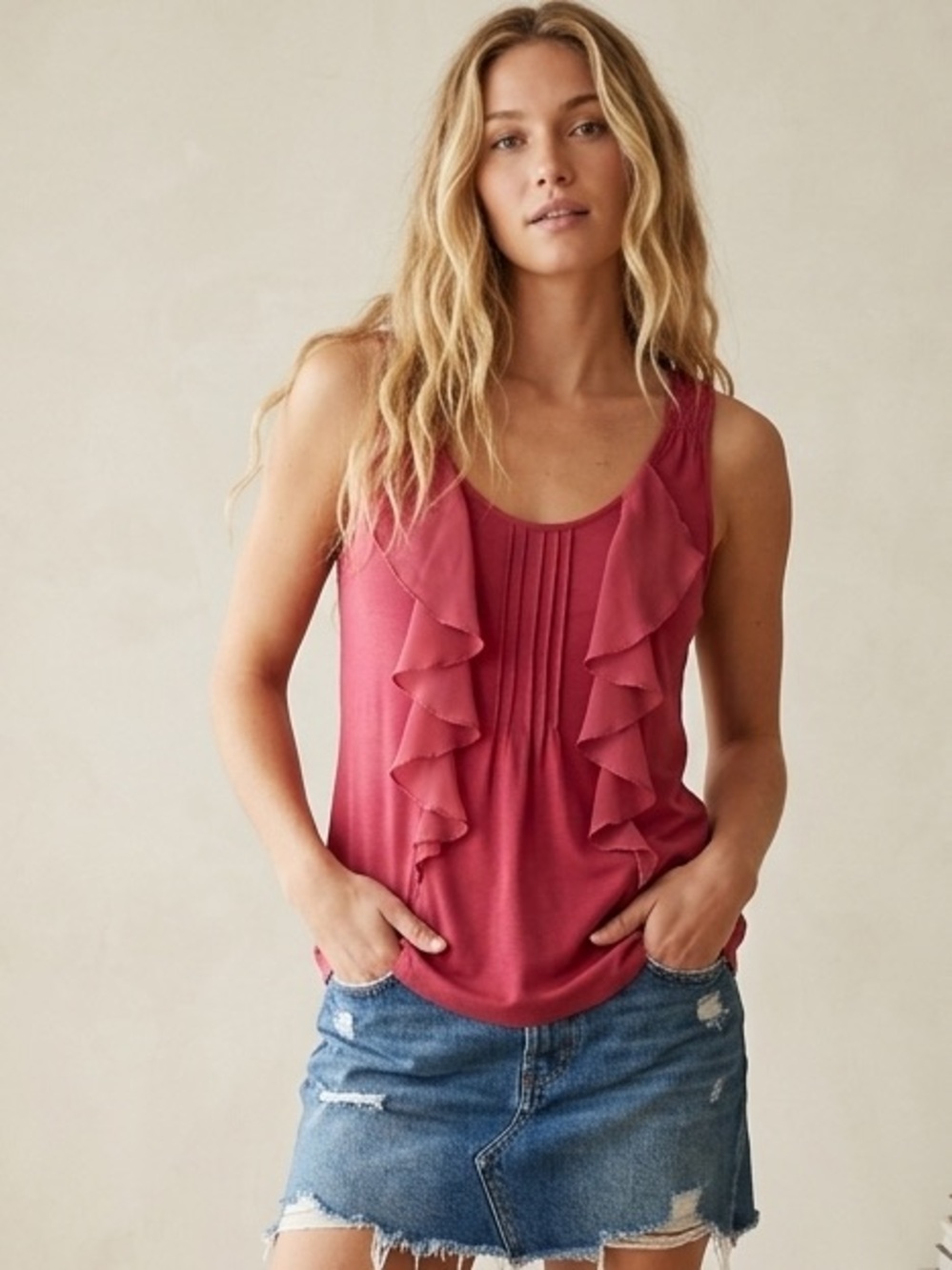 Anthropologie Tiny Ruffle Tank Top Scoop Neck Pintuck Cinched Strap Deep Pink S
